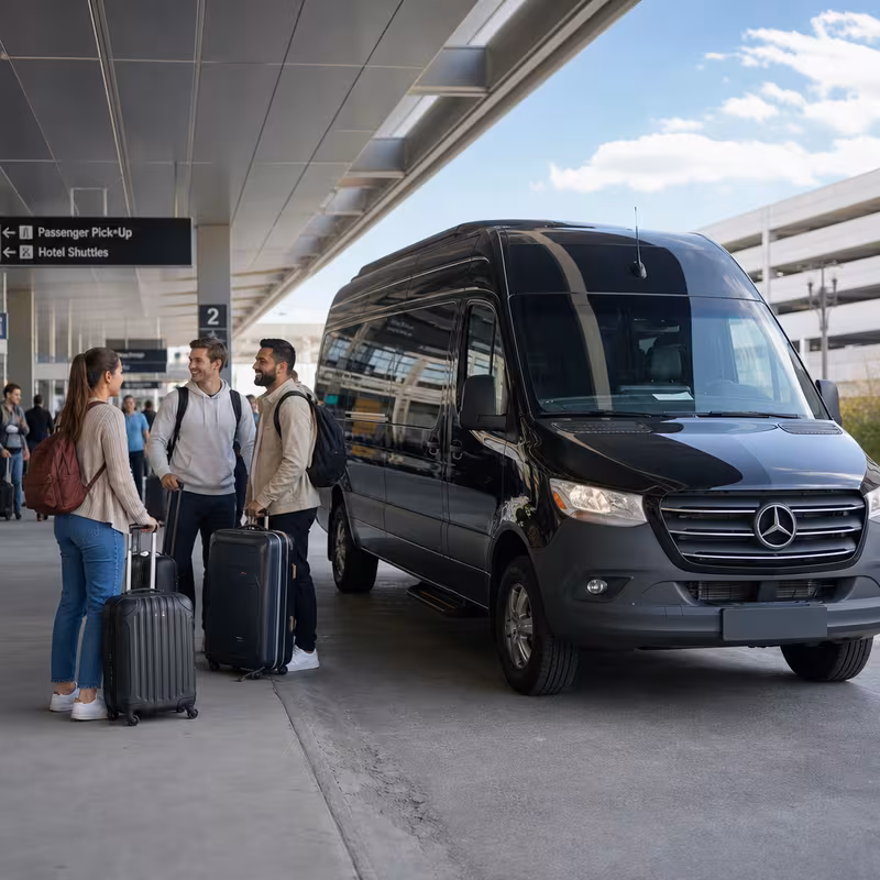 Group boarding a white charter bus for Airport Transportation transportation in Gilbert