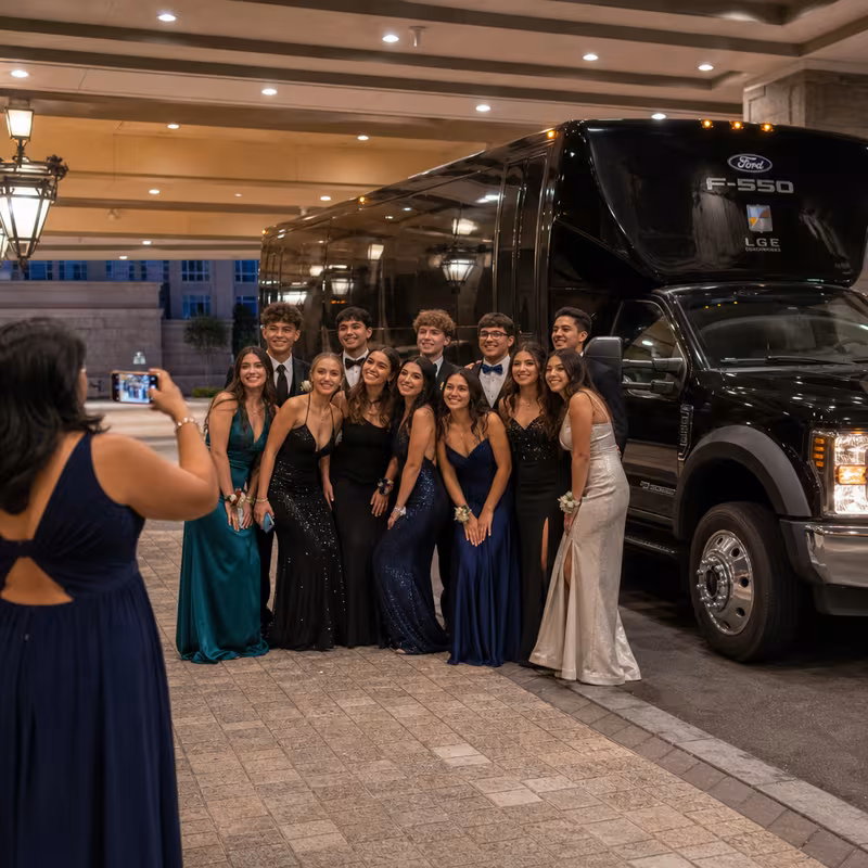 Party bus interior with wraparound leather seating and LED lighting in Gilbert
