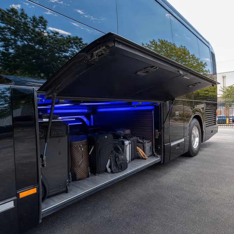 Party bus interior with wraparound leather seating and LED lighting in Gilbert
