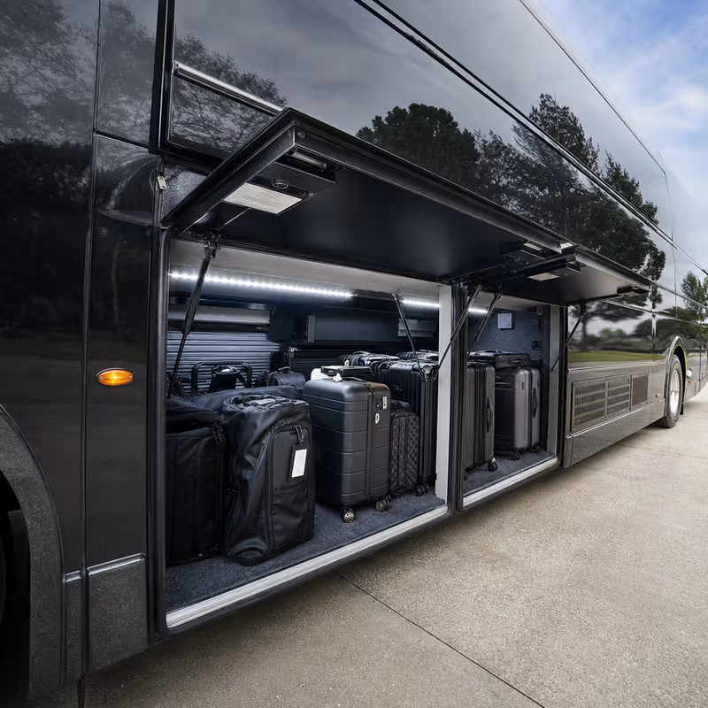 Party bus interior with wraparound leather seating and LED lighting in Gilbert